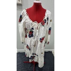 Tory Burch Floral Embroidered Dress Long Sleeve White Tiered Mini